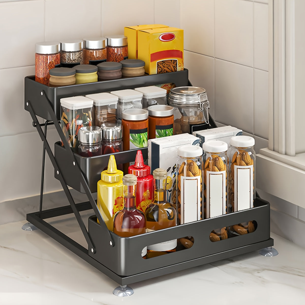 3-Tier Foldable Cast Iron Spice Rack Organizer with Safety Rails - Space-Saving Countertop & Cabinet Storage for Kitchen, Pantry - Durable Painted Finish, Holiday-Themed Design, Kitchen Spice Organizer, Space Saver, Sleek Metal Style, Sturdy Construction