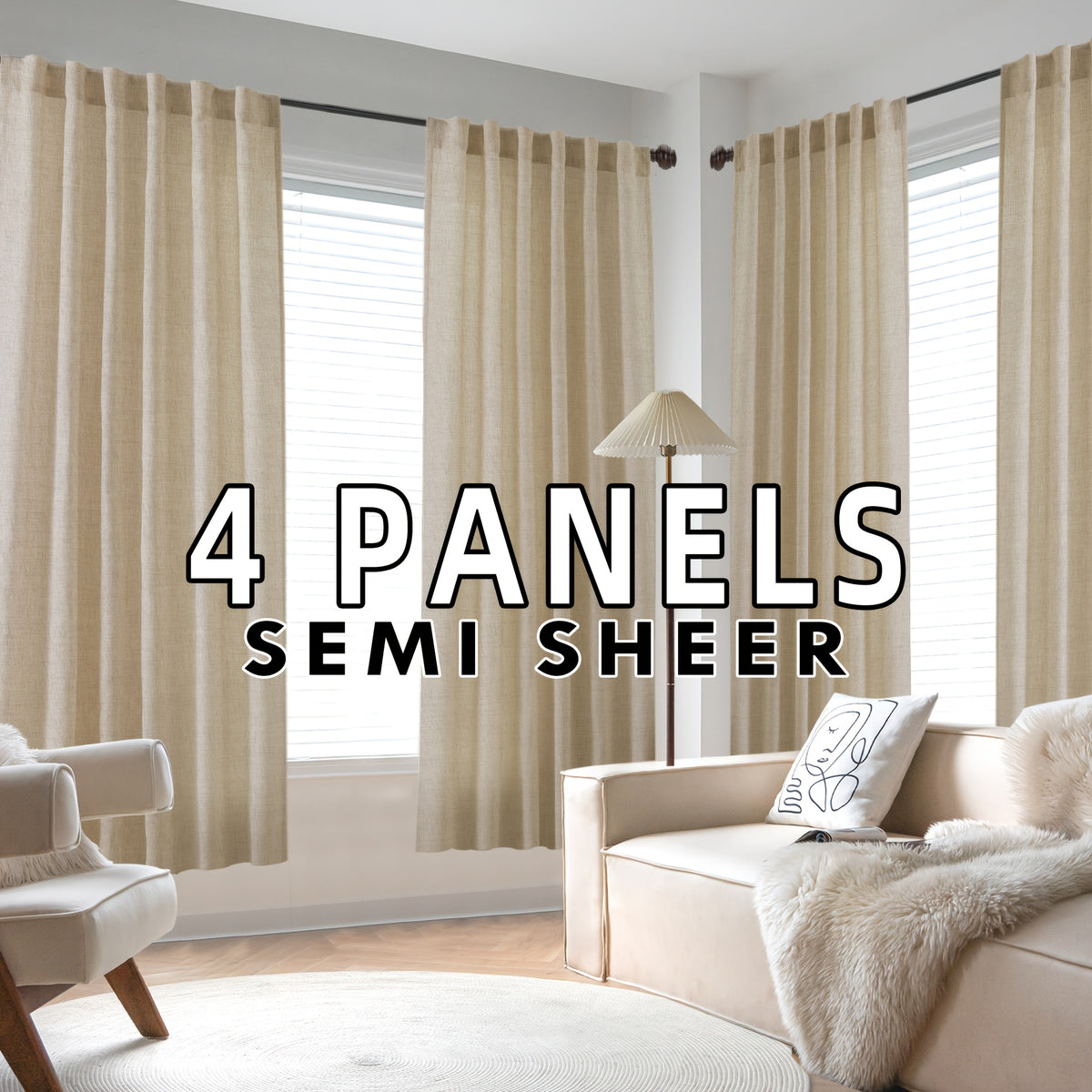 4 Panels Natural Linen Curtains for Living Room Semi Sheer Farmhouse Real Flax Rod Pocket Back Tab Boho Rustic Light Filtering Window Drapes for Bedroom Privacy Assured