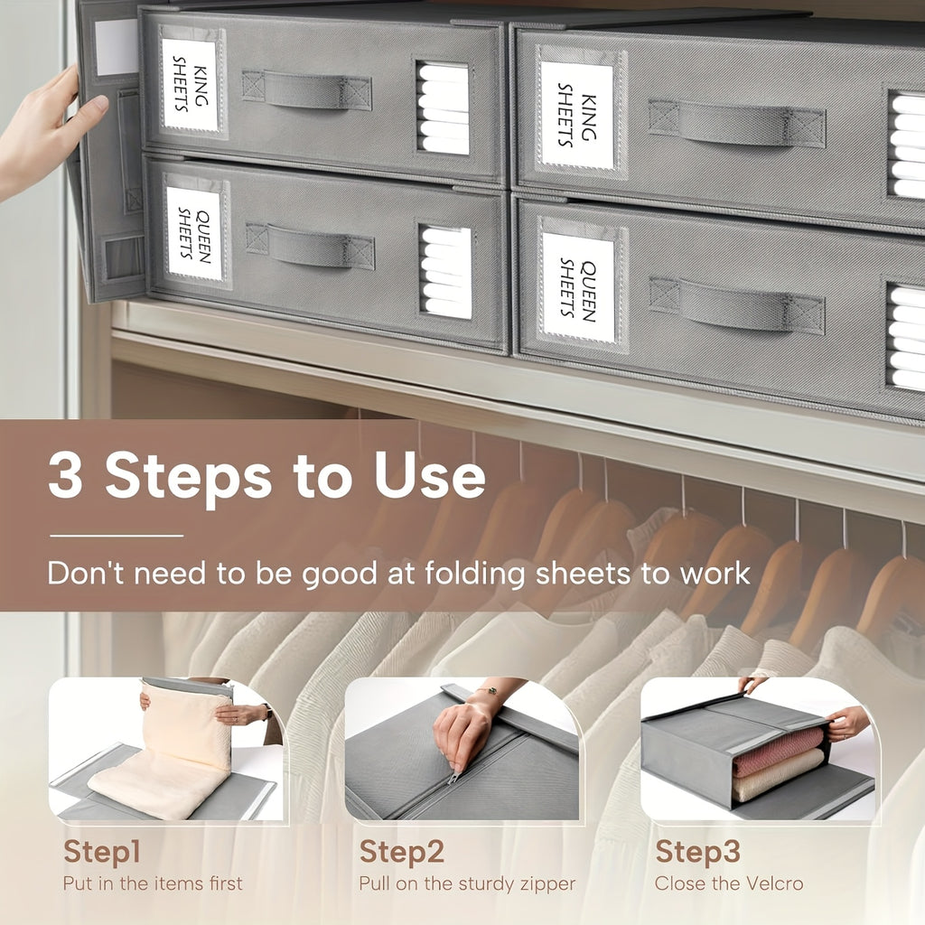 Bed Sheet Organizer Boxes, 4-Pack Foldable Linen Storage with Clear Windows and Labels in Oxford or Nonwoven Fabric for Closet Shelves and Bedding
