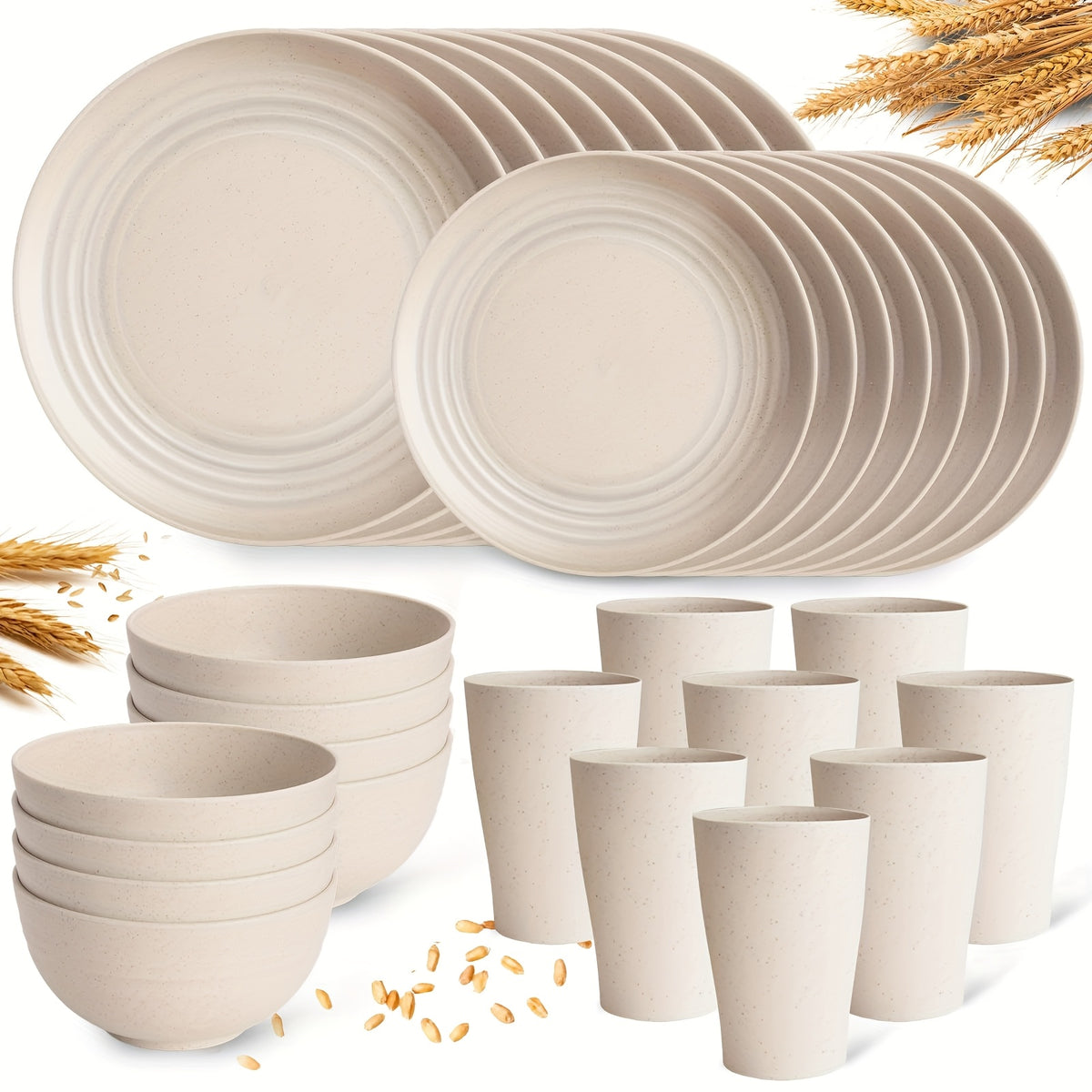 32/16pcs Wheat Straw Large Size Tablesware Set, Unbreakable Modern Dish Set-Plate/Dessert Plate/Bowl/Cup, Lightweight Wheat Straw Dinnerware Set, Dishwasher And Microwave Safe, Lightweight Tableware, Gift for Chrismas