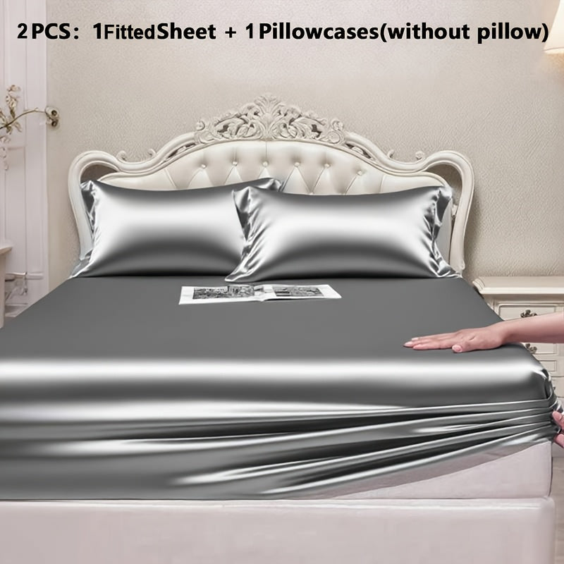 Luxury Satin Fitted Sheet, Fitted Sheet+Pillowcase, Queen Sheet, Cooling, Smooth, Breathable, Wrinkle-Resistant, Machine Washable, Easy Care Ultra Soft for Hot Sleepers Child, Children, Adults, Hotels, Apartments, Wedding Gifts-3000TC Random Color
