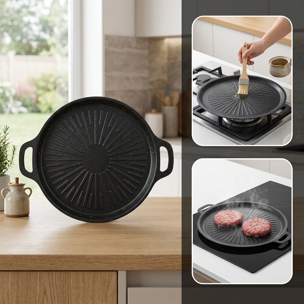 Non-Stick Frying Pan with Oil Brush, BBQ Griddle Pan with Even Heat, Oil Drain Groove And Double Handles, Multi-Functional Non-Stick Pan, Easy Clean, for Outdoor Cooking, Family Gatherings And Restaurant Use