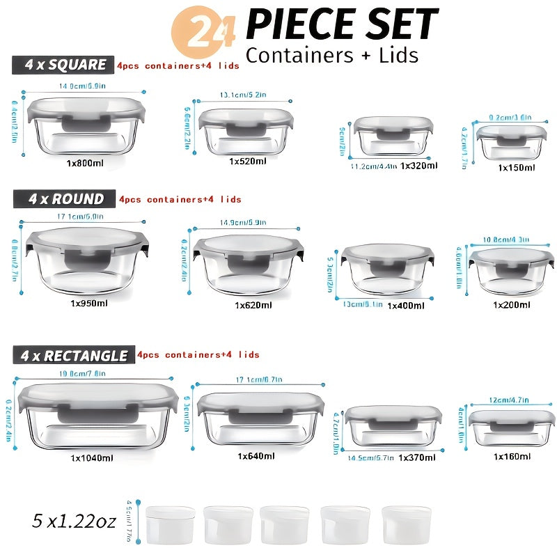 24-piece Glass Food Containers with Lids, Meal Prep, Food Storage Kitchen Lunch Containers, Leak-proof, Sealed Glass Lunch Bento Boxes, Suitable for Microwave, Oven, Refrigerator, and Dishwasher,Grey