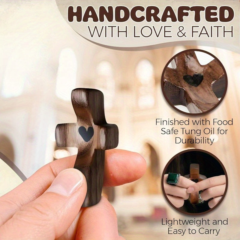20pcs Black Walnut Thumb Crosses - Handcrafted Natural Wood Religious Hand Ornaments for Christmas, Easter, Thanksgiving, Indoor Home & Office Decor, Religious Christmas Decorations, Simple Elegant Design, Detailed Carving