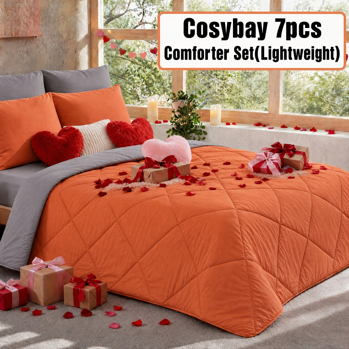 Cosybay 7 Piece Pinch Pleated Comforter Set Queen King Size, Luxury Soft Fluffy Bedding Includes 1 Comforter, 1 Extra Deep Pocket Fitted Sheet, 1 Flat Sheet, 4 Pillowcases & Pillow Covers, Perfect for Halloween Party, Holiday Celebrations & Birthday