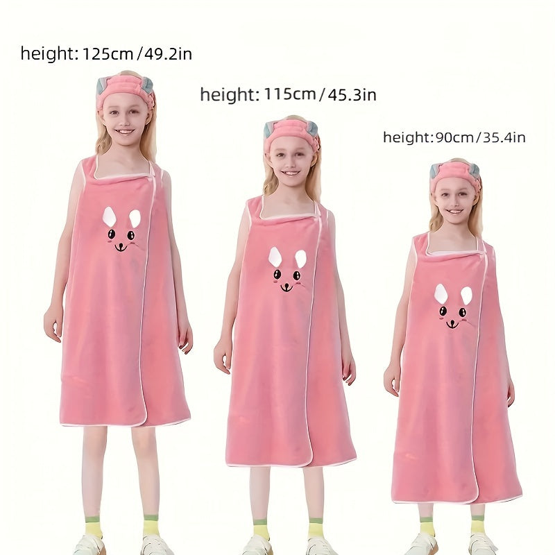 Kids Bath Towel Wrap with Cute Bunny Ears, Contemporary Microfiber Cartoon Anime Bath Skirt for Girls, Ultra Compact Towel Robe, Age 6-12 - 250Gsm