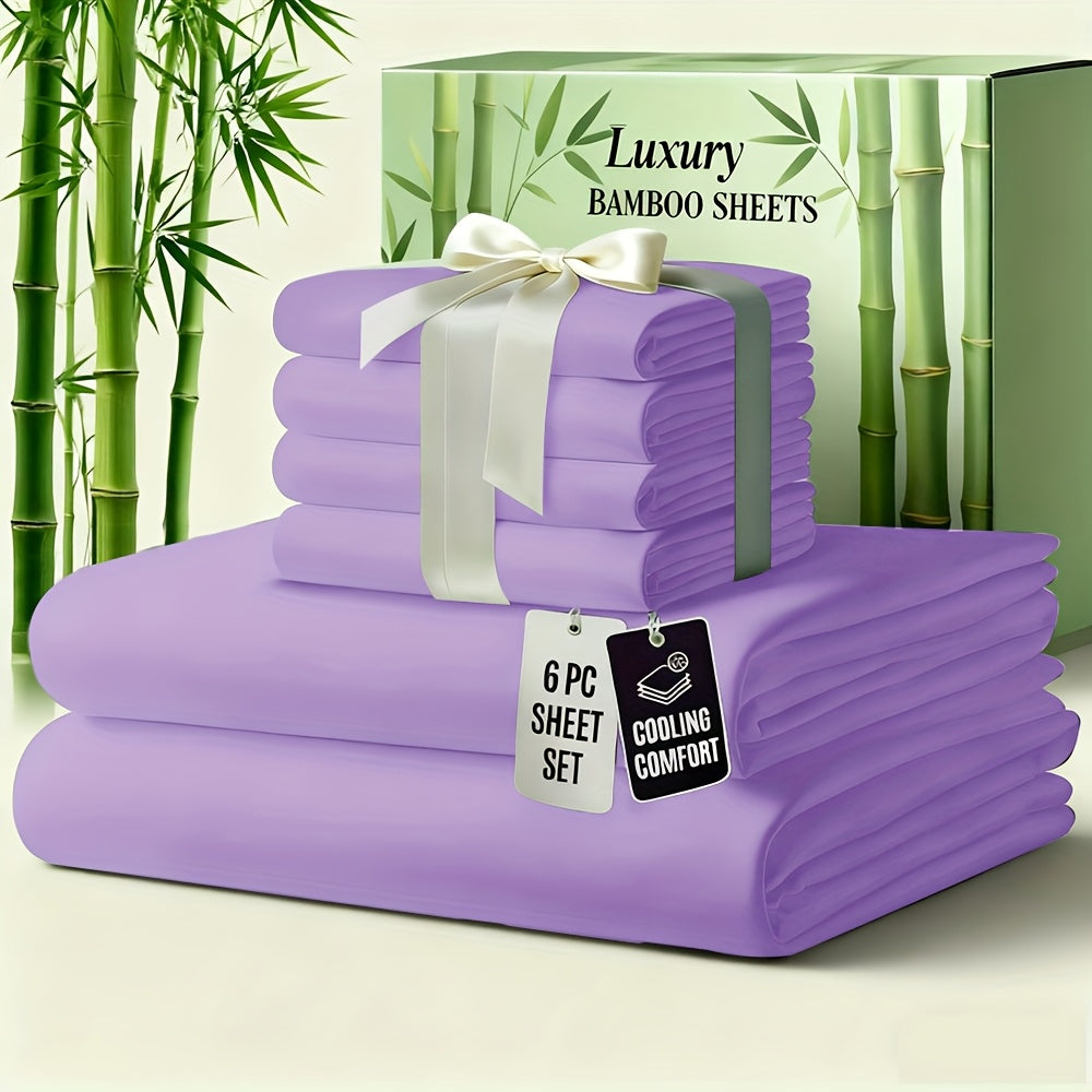 6pcs Luxury Bamboo Cooling Bed Sheet Sets - Viscose Derived From Bamboo Sheets Queen/King Size - Luxuriously Ultra Soft & Breathable Bedding Sheet Set - Deep Pocket Fitted Sheet with Bamboo Texture, Wrinkle-Resistant Soft Sheets
