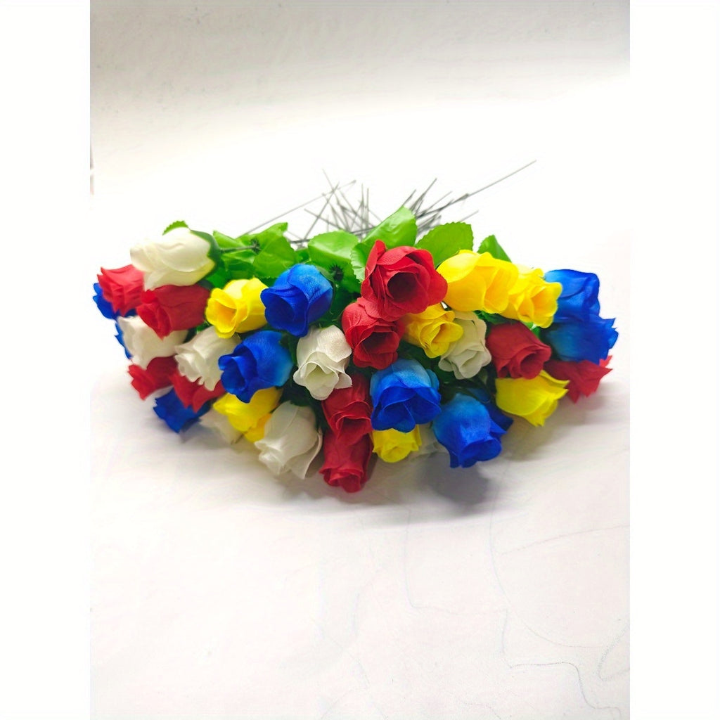 Artificial Plastic Rose Flowers, 32-Piece Mixed Color Set with 8 Red White Yellow and Blue Roses Each for Porch, Balcony, Courtyard and Indoor Decor