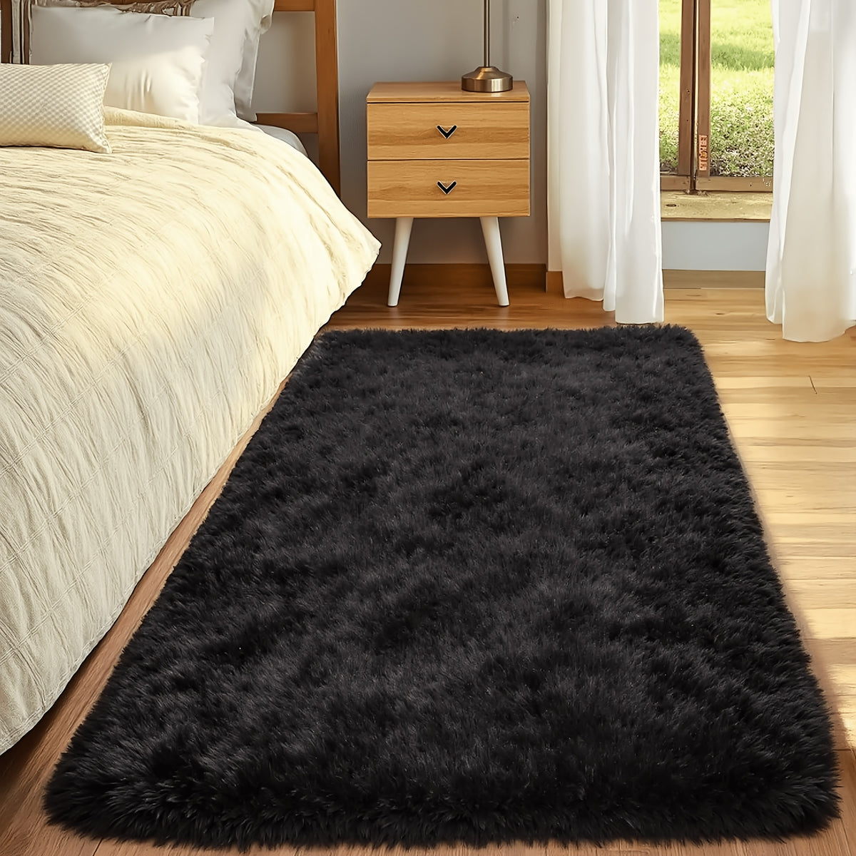 1pc Giant 71x106in Plush Area Rug | Non-Slip Fluffy, 1.6 Inch Thick, Machine Washable, Polyester, Solid Color, Rectangle, Flat Woven | Ideal for Living Room, Bedroom, Study, Makeup Room, Holiday Decoration, Cozy Home Carpet, Gray/Black