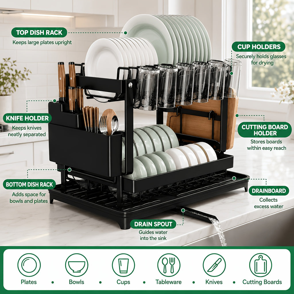 Two-Level Dish Drying Rack for Kitchen Surfaces, Dish Drainer with A Drainboard, Metal Kitchen Dish Holder with Drainage, Two-Tier Kitchen Drying Rack, Black Dish Holders, Standing Shelf Units, Standing Shelf