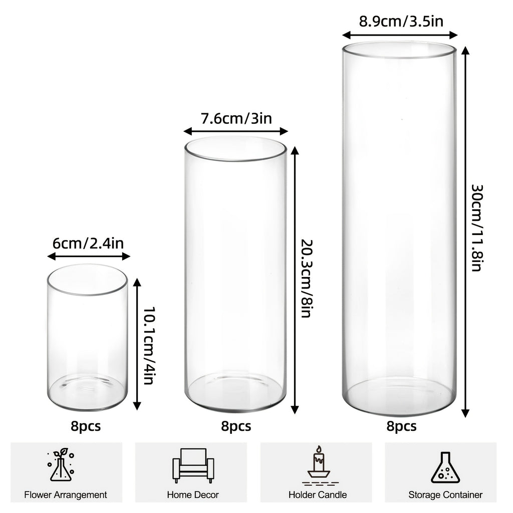 24pcs Clear Glass Cylinder Vases, 4, 8, 12 Inch Tall Cylinder Vases for Centerpieces, Glass Flower Vase, Hurricane Floating Candle Holder Vase for Table Shelf, Party, Wedding, Home Decor, for Valentines Decorations And Gift