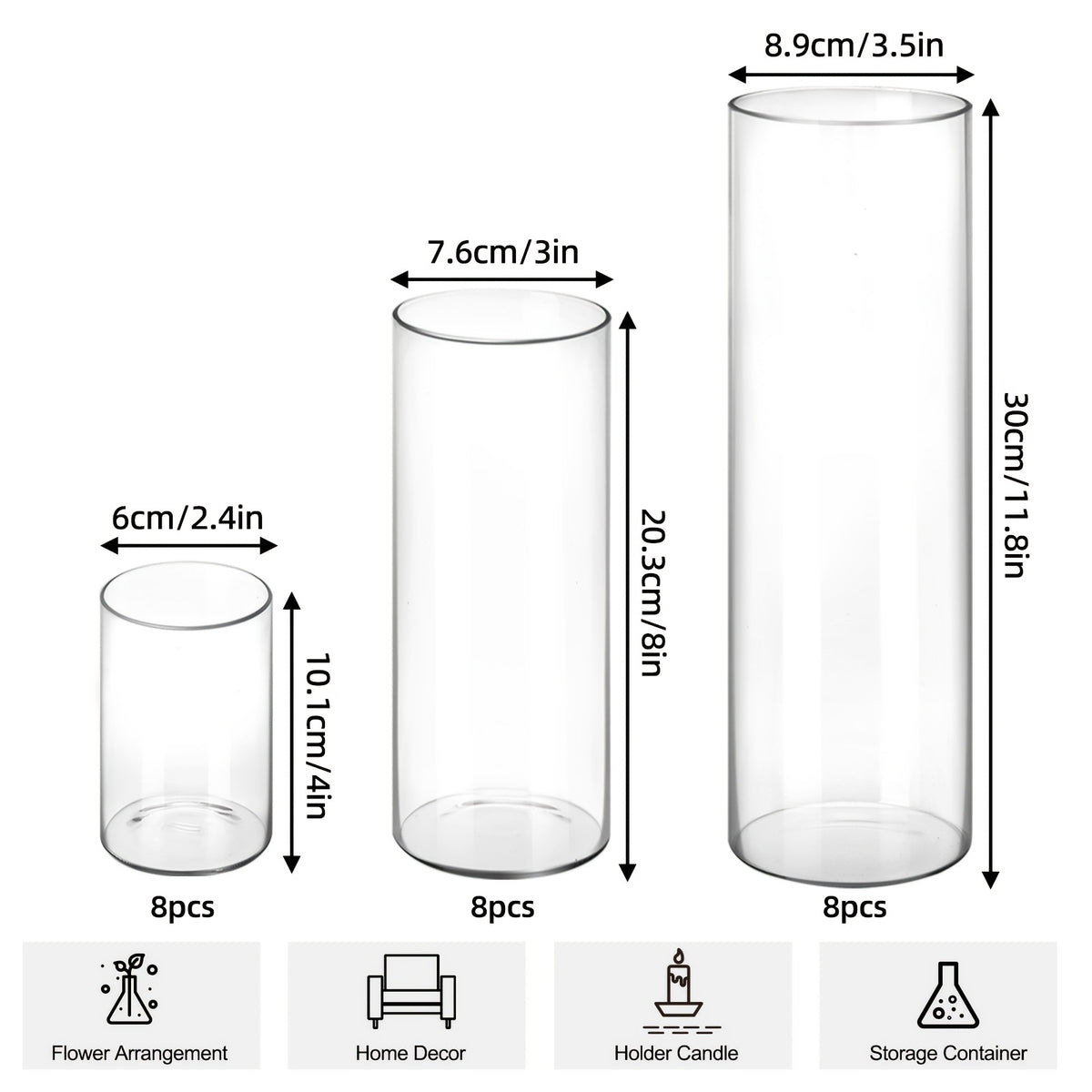 24pcs Clear Glass Cylinder Vases, 4, 8, 12 Inch Tall Cylinder Vases for Centerpieces, Glass Flower Vase, Hurricane Floating Candle Holder Vase for Table Shelf, Party, Wedding, Home Decor, for Valentines Decorations And Gift
