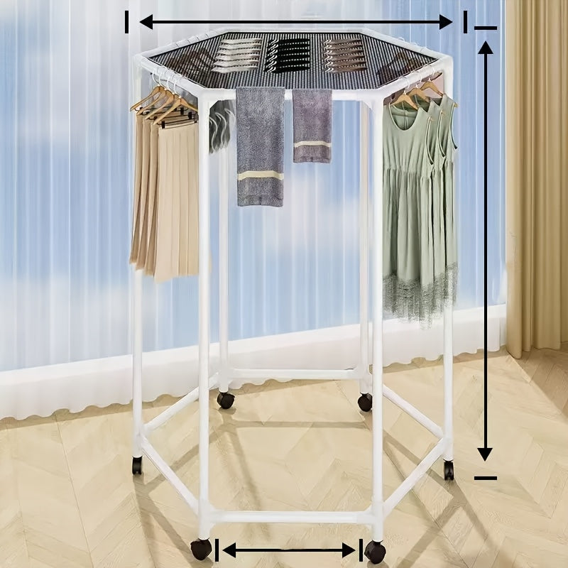 Hexagonal Rotary Clothes Rack, Self-Standing Vertical Clothing Hanging Rack, Suitable for Laundry And Household Storage Space Saving (Black/White), Easy Storage Device, Durable Structure, High-Quality Materials, Small Apartment Living, Convenient