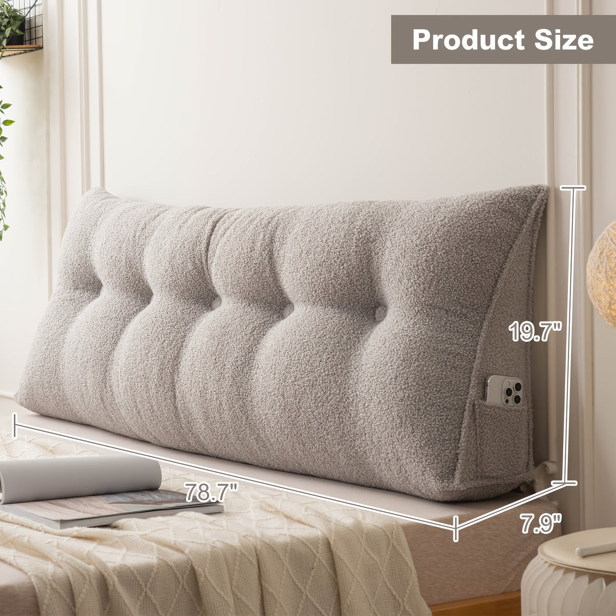 Headboard Reading Pillow, Triangular Teddy Velvet Backrest Cushion with Side Pocket and Removable Washable Cover for Twin, Queen and King Beds