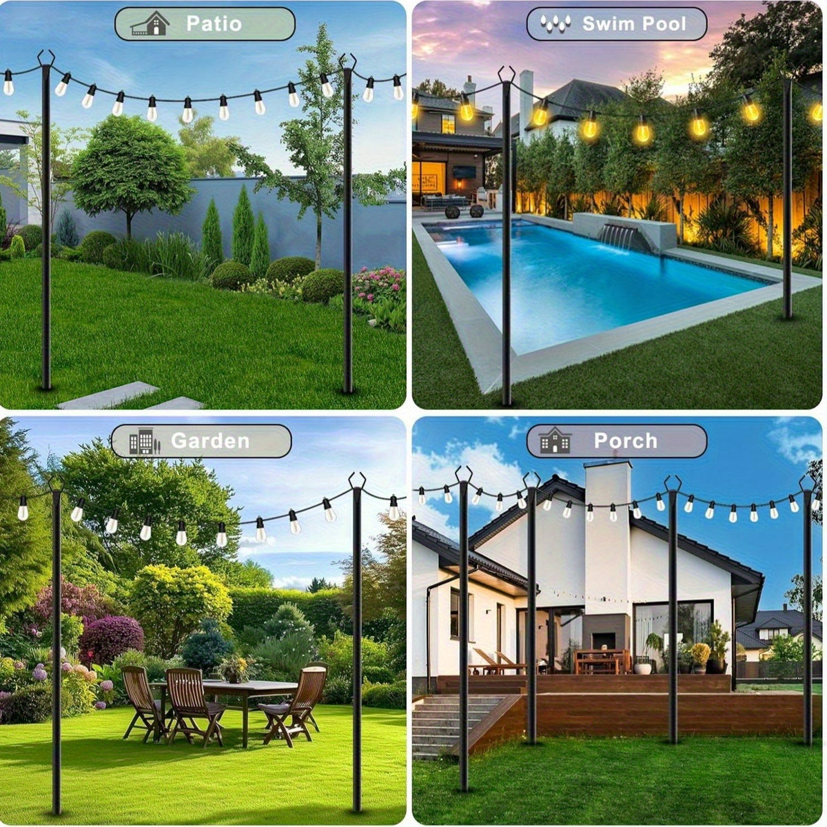 4 Pack 11.1FT String Light Poles With Metal Ground Stake, Heavy Duty Rustproof Metal Light Stand For Outdoor Garden Backyard Deck, Fall Autumn Harvest & Halloween Party Decor, Perfect For Wedding, Patio, Outside Holiday String Lights Support Poles