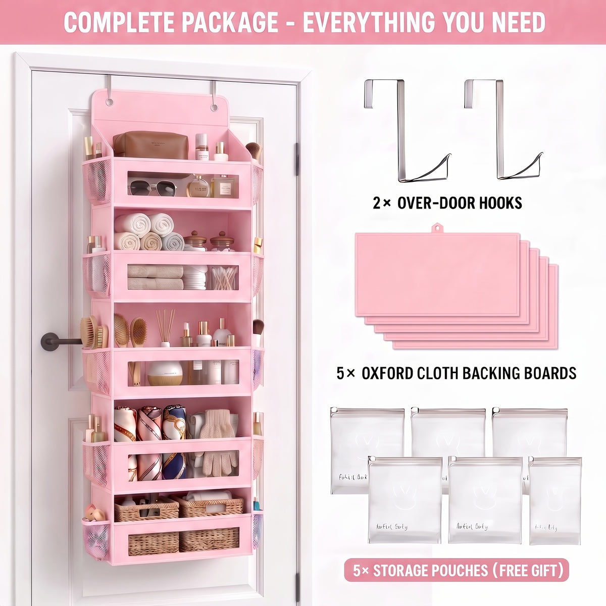 [5-Tier Storage Box] Door Storage Box, Hanging Door Storage Box with 5 Large Capacity Pockets | Anti-tilt 44 Pound Load Back Of Door Storage Box for Bedroom, Bathroom, Pantry, Room Storage And Collection Use Over The Door Pantry Organizer