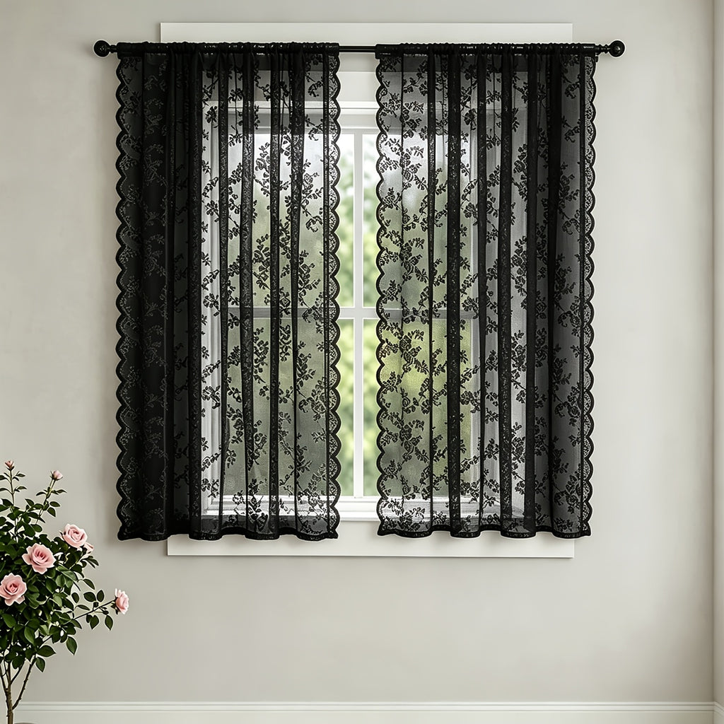 Set of Two White Lace Curtains with Floral Designs, Featuring a Bohemian Style And Semi-Transparent Fabric That Filters Sunlight. Suitable for All Seasons