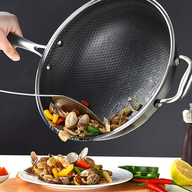 13.3-Inch Tri-Ply Stainless Steel Non-Stick Wok with Lid And 2pcs Cookware Additions, Honeycomb Design, Home Cooking Pan, Suitable for All Stoves, Kitchen Utensils, Kitchen Tools, Kitchen Accessory, Kitchen Supplies Camping