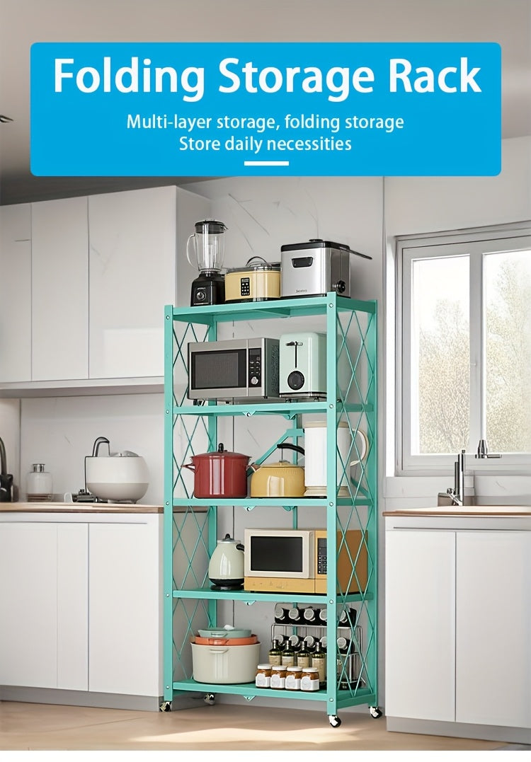 3/4/5-Tier Portable Multifunctional Storage Rack, Floor-Standing Storage Rack with Lockable Wheels, Space-Saving, No Assembly, Foldable Storage Shelf with Durable Carbon Steel Frame for Bedroom, Balcony, Garden, Standing Shelf