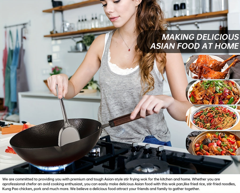 12.6" Iron Wok-11pcs Woks & Stir Fry Pans Wok Pan with Lid, No Chemical Coated Chinese Wok with 10 Cookware Accessories, Flat Bottom Wok for Electric, Induction, Gas Stoves
