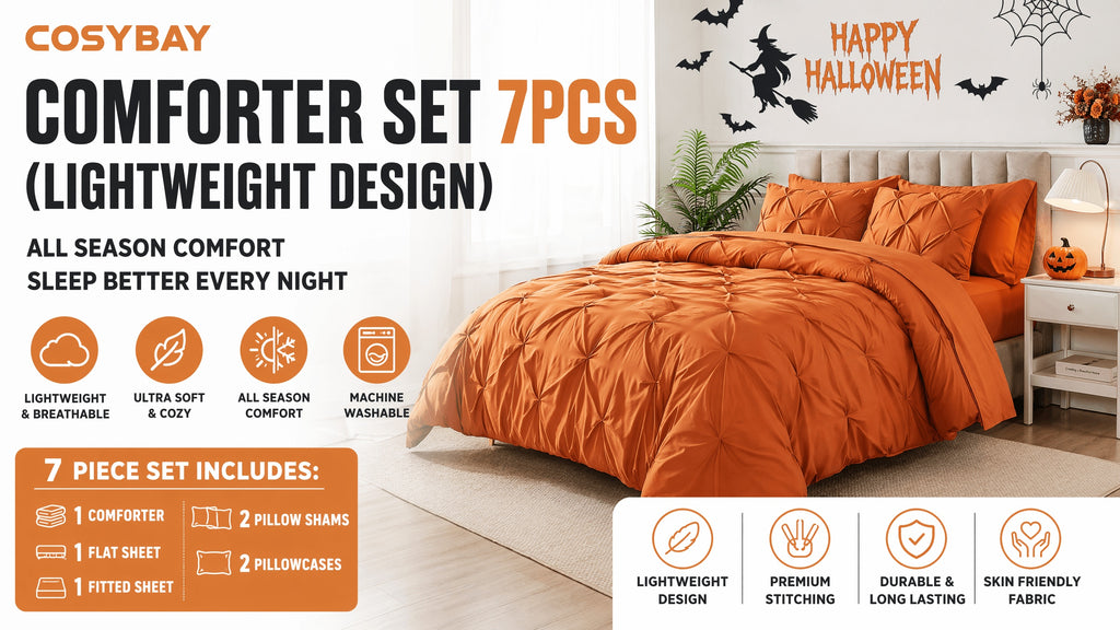 Cosybay 7 Piece Pinch Pleated Comforter Set Queen King Size, Luxury Soft Fluffy Bedding Includes 1 Comforter, 1 Extra Deep Pocket Fitted Sheet, 1 Flat Sheet, 4 Pillowcases & Pillow Covers, Perfect for Halloween Party, Holiday Celebrations & Birthday