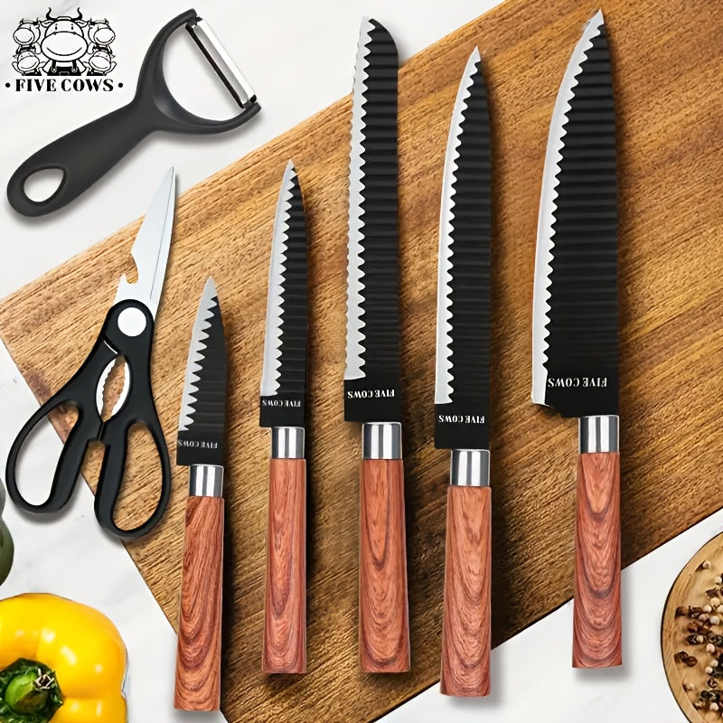Professional 6/7pcs Cooking Utensil Set, Practical Knife, Peeler, And Scissors Made Of High-carbon Stainless Steel With Ultra-sharp Edges And Non-stick Ergonomic Wooden Handles. Chef'S Knife Set, Suitable For Family Travel, Vegetable, Meat