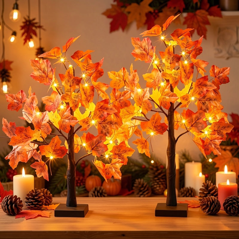 Fall Maple Tree Lights Set of 2, 21.26-Inch Battery-Powered LED Tabletop Trees with Warm Light for Thanksgiving Centerpieces and Autumn Home Decor