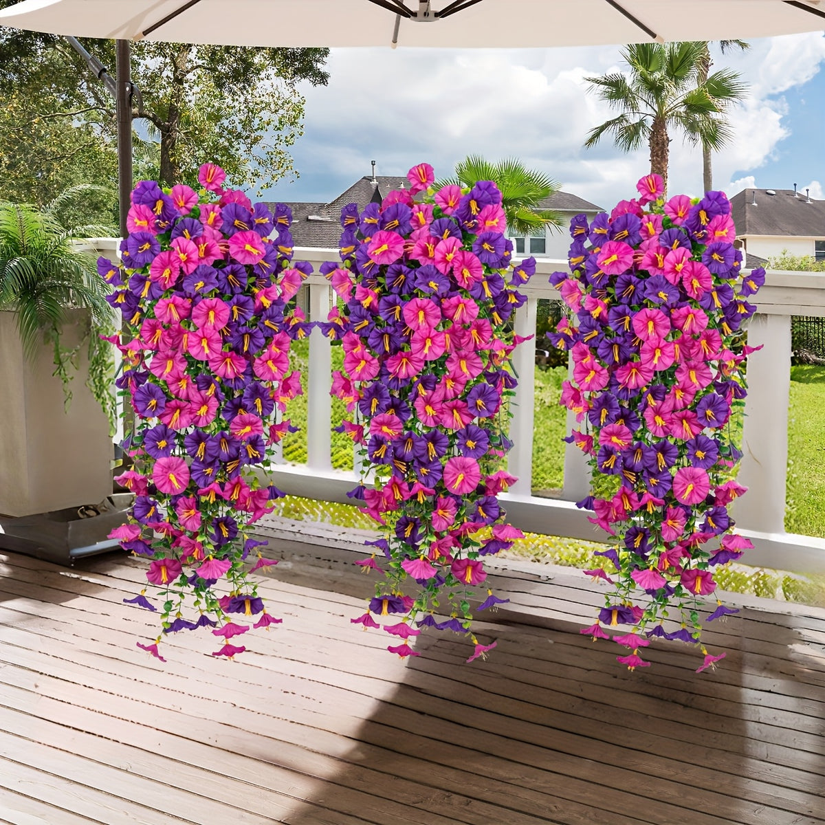 4 Bundles Artificial Flowers, Outdoors Decoration, Hanging Morning Glory, Colorful Outdoor Artificial Flowers UV Resistant Fake Flowers Greenery Shrubs Plants for Front Porch Window Box Hanging Garden Home, for Thanksgiving, Christmas, Mother'S Day