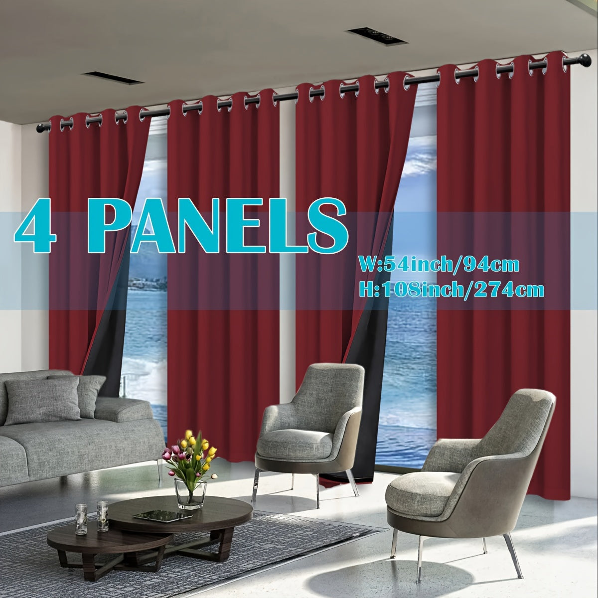 Set of 4 Complete Blackout Curtains for The Bedroom Featuring a Black-Coated Film for Total Light Blockage And Thermal Insulation with Ring Top Design