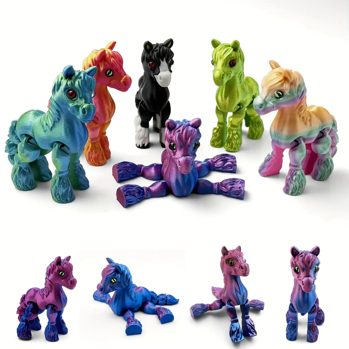 6pcs 3D Printed Horse Colectible Figurines, Flexible Animals Statue, Movable Joints, Home Office Decor