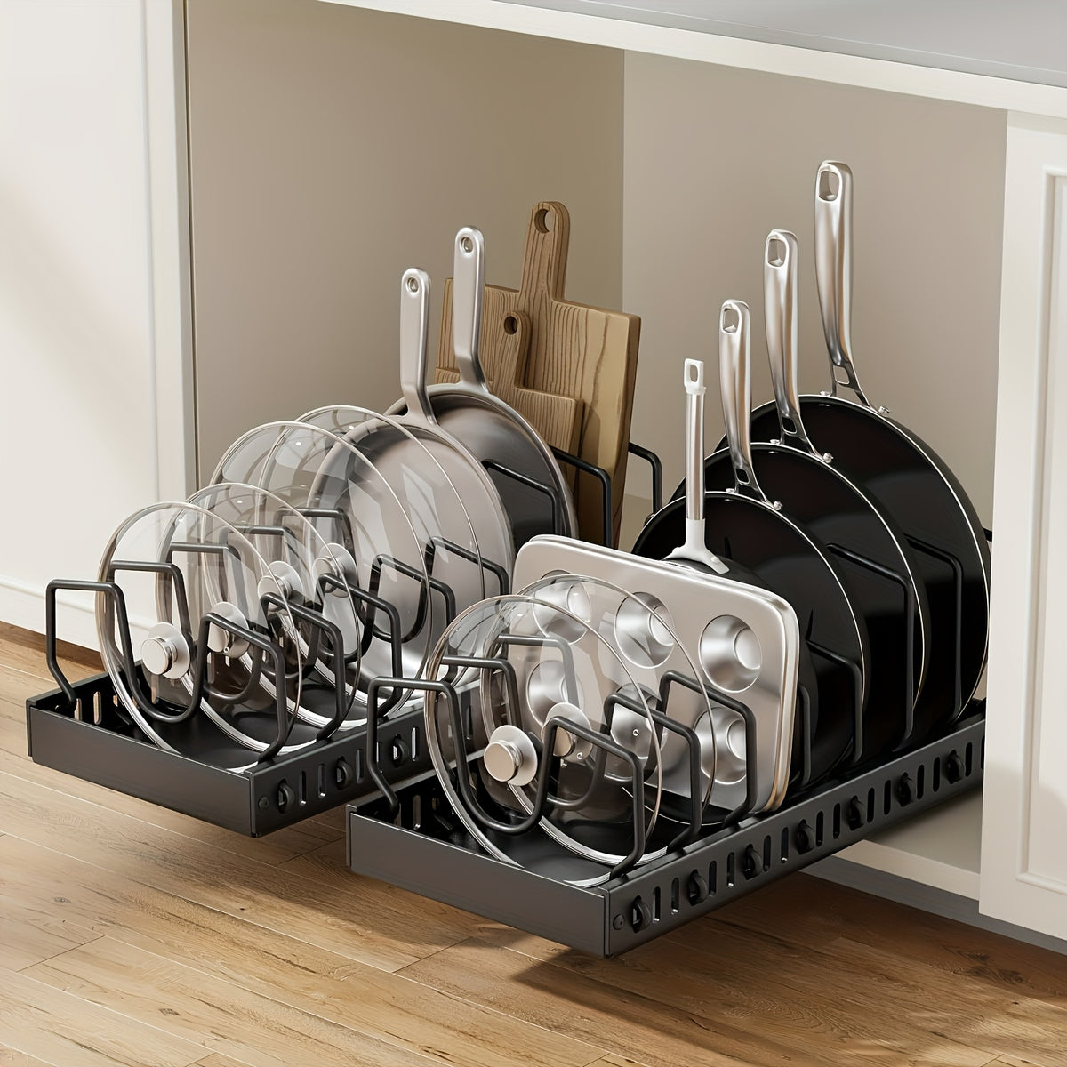 [Kitchen Accessories] 1/2Pcs Cabinet Pull-Out Pot Rack, A Sliding Pot Lid Holder And Flat Pan Holder For The Kitchen, A Sliding Storage Box Within The Cabinet, Suitable For Storing Pot Lids, Baking Utensils, And Plates. 8/16 Adjustable Dividers. Kitchen A