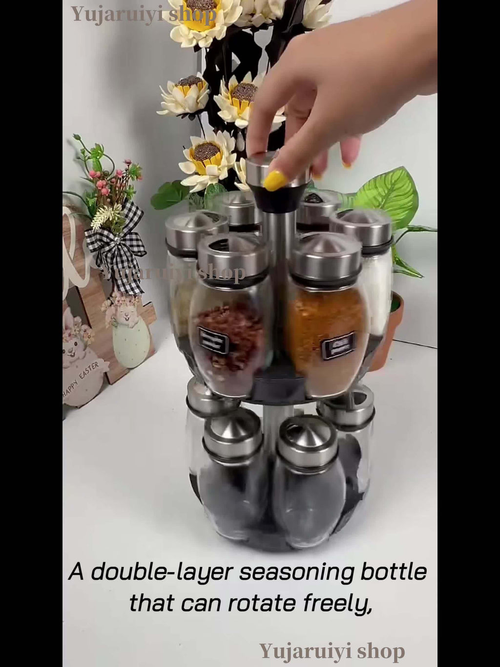 Rotating Spice Rack with Glass Jars, 6 or 12 Seasoning Bottles with Adjustable Dispensing Lids and Single or Double Tier Kitchen Storage Organizer
