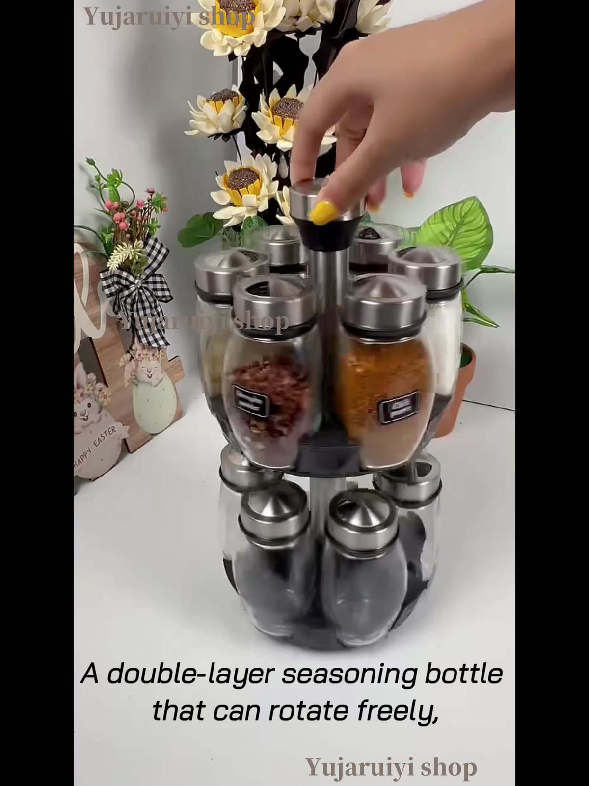 Rotating Spice Rack with Glass Jars, 6 or 12 Seasoning Bottles with Adjustable Dispensing Lids and Single or Double Tier Kitchen Storage Organizer