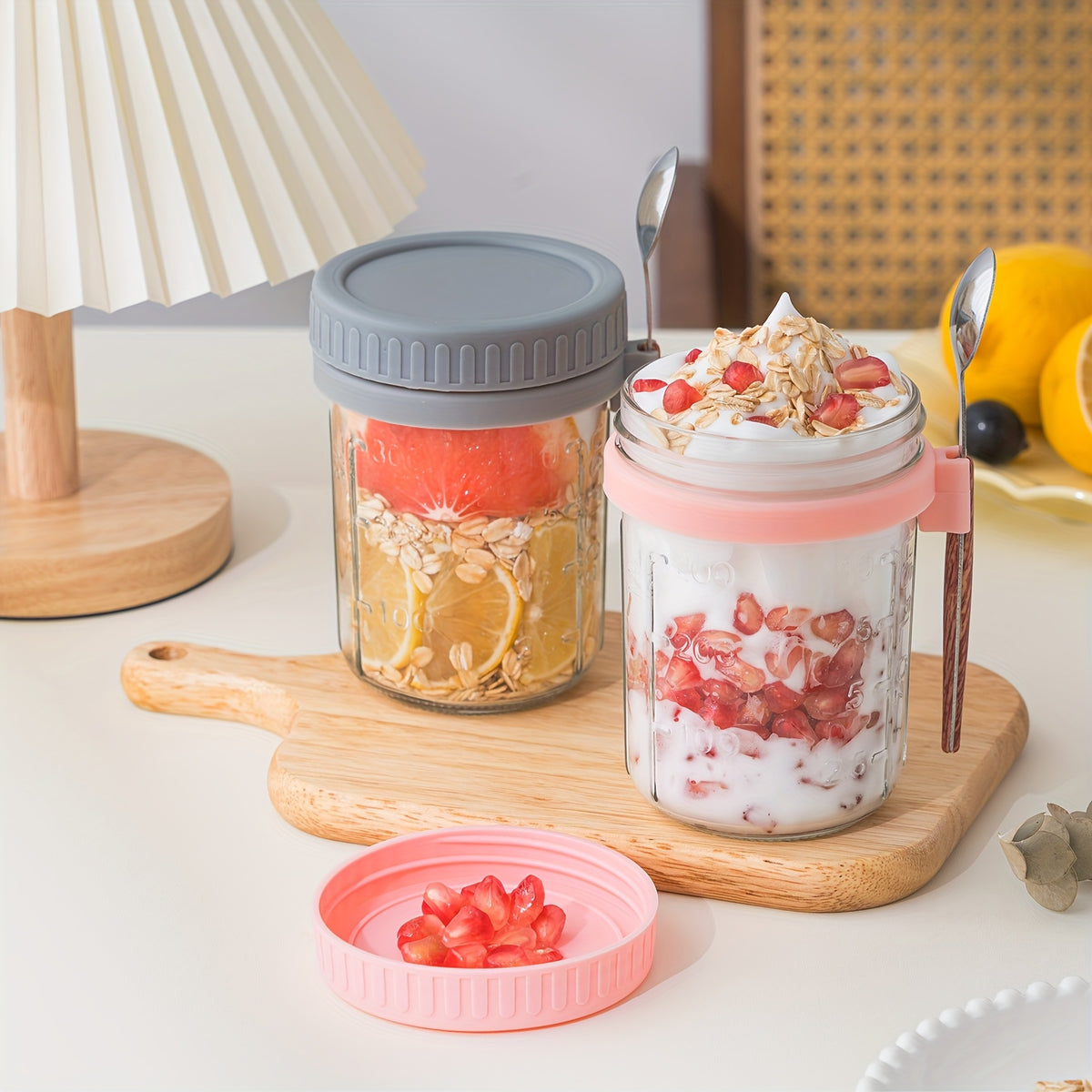 4/6pcs(16oz), 8pcs(4pcs 16oz+4pcs 4oz), 12pcs(6pcs 16oz + 6pcs 4oz), Overnight Oats Containers with Lids And Spoons, Glass Mason Overnight Oats Jars, Large Capacity Airtight Jars for Milk, Cereal, Fruit