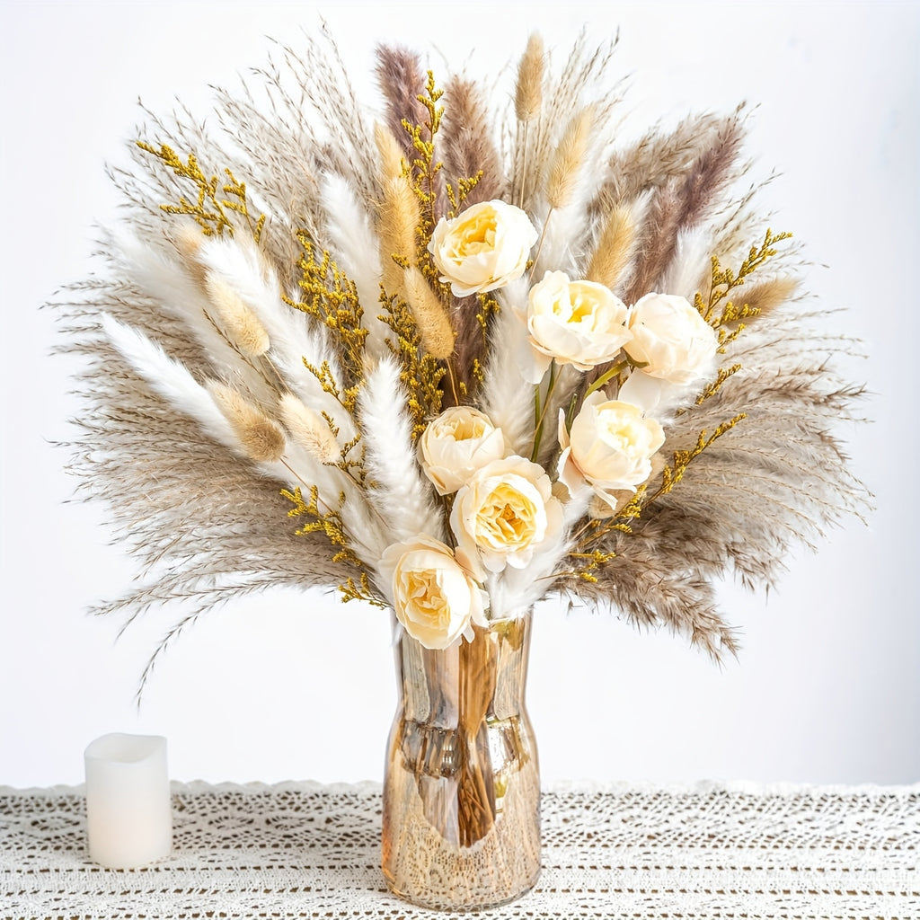 91/51pcs Large Dried Pampas Grass Bouquet with Artificial White & Beige Roses - Full Blooming Wedding, Home, Farmhouse Centerpiece - Low-Maintenance Boho Table Decor, Rustic Dried Flower Arrangement (No Vase Included)