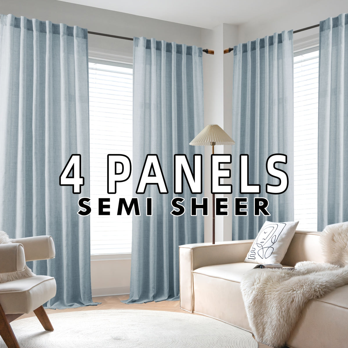 4 Panels Natural Linen Curtains for Living Room Semi Sheer Farmhouse Real Flax Rod Pocket Back Tab Boho Rustic Light Filtering Window Drapes for Bedroom Privacy Assured