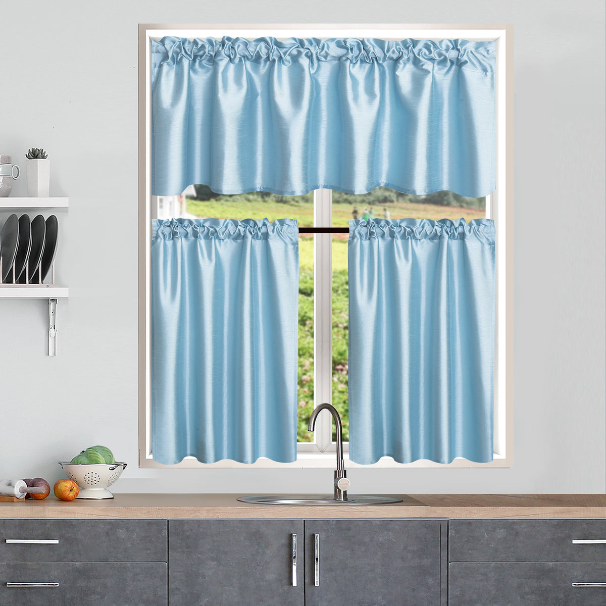 3 Panels Faux Silk Solid Color Sheer Kitchen Curtains Set Rod Pocket Design with 2 Tiers 26x36 inch Each and 1 Valance 52x14 inch for Kitchen Bathroom Privacy Drapes and curtains