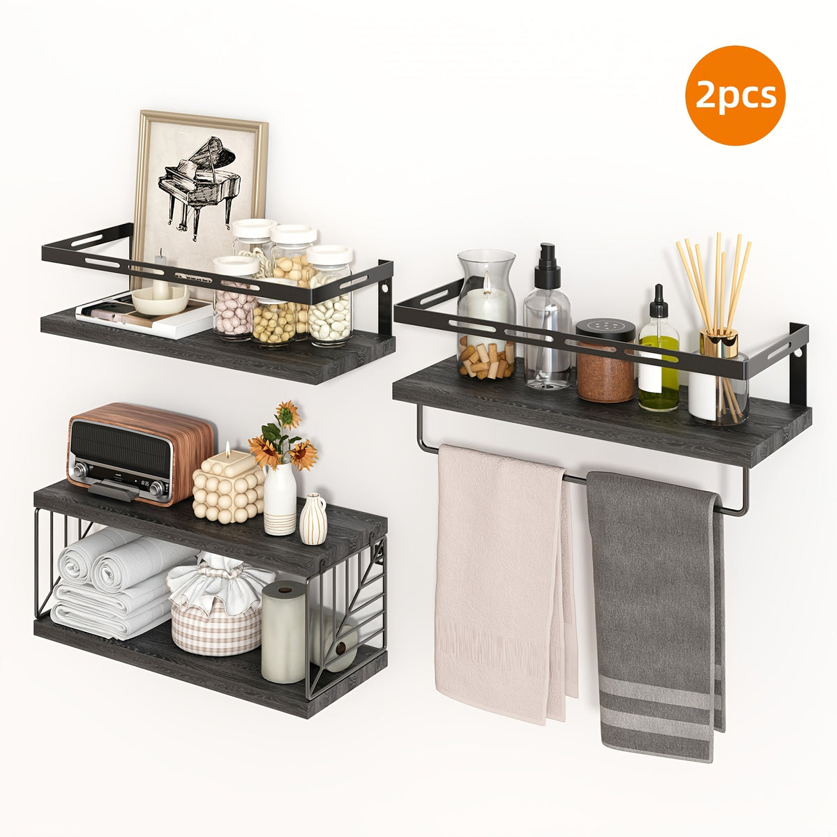 TOMNK 3+1 Tier Wall-Mounted Shelf with Black Metal Guardrails and Storage Baskets, Sturdy and Durable, Space-Saving, Multi-Functional Home Decor, Suitable for Kitchen, Bathroom, Bedroom, Living Room, Small Indoor Spaces, Wall Decoration