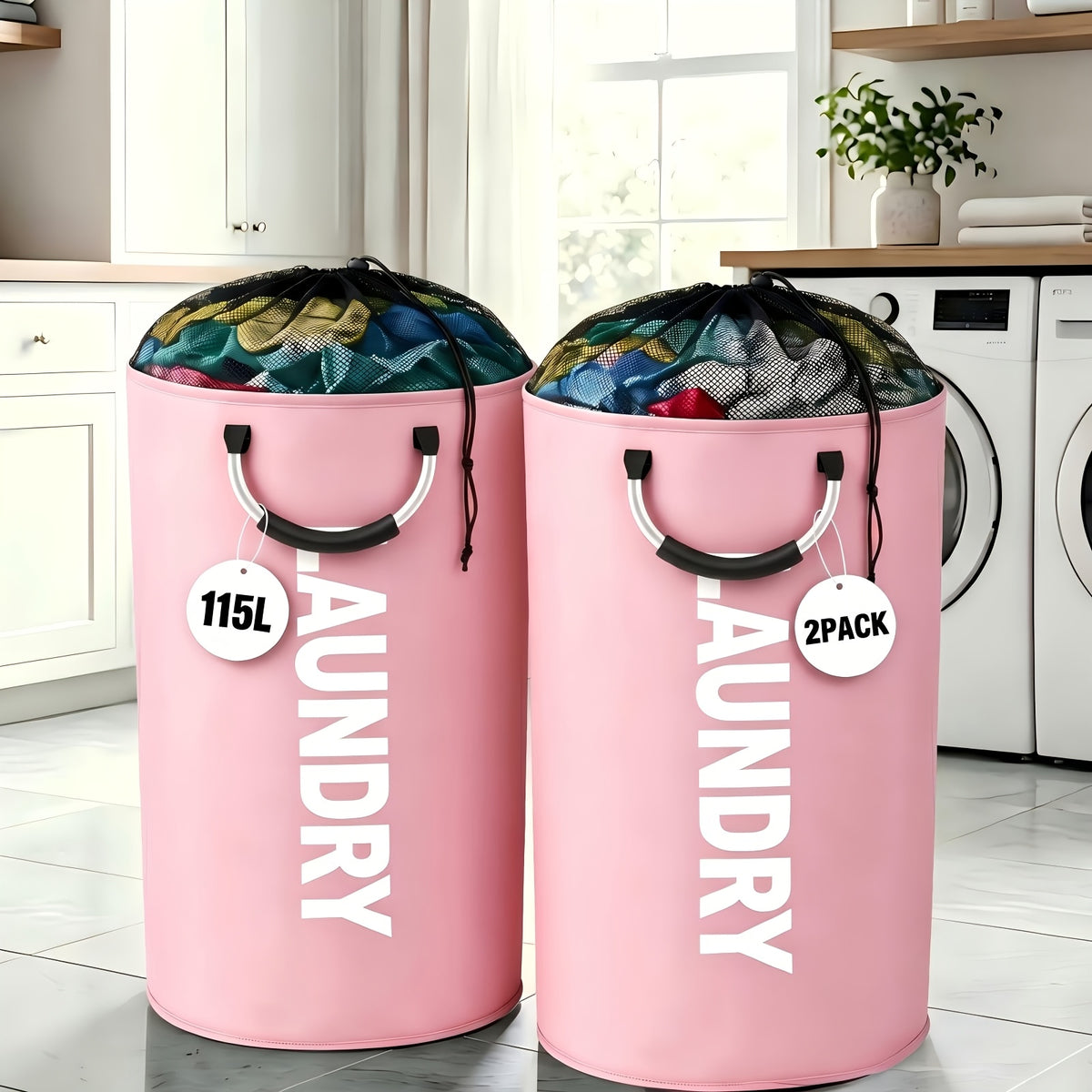 2-Pack Extra Large 25.1gal/30.38gal Foldable Laundry Baskets with New Drawstring Closure Design, Multi-Purpose Fabric Clothes Storage Baskets for Bathroom, Bedroom, Outdoor, And Dorm (Space-Saving Design); Each with Ring Handles, Premium Laundry Storage B