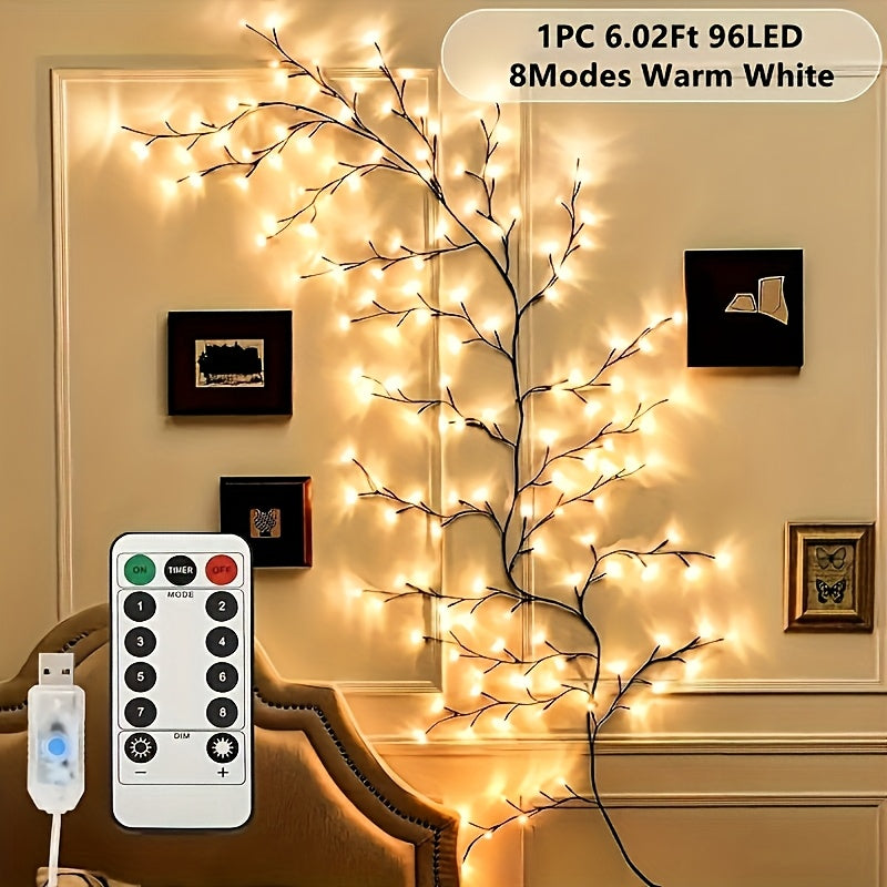 96 LED Brown Vine Fairy Lights - 6ft Flexible Bendable Artificial Willow Branches with 8 Modes, USB Powered Remote Control for Indoor Home Decor, Weddings, Christmas, Valentine's, Thanksgiving & Holiday Party Decorations, Remote Controlled Fairy Lights, W