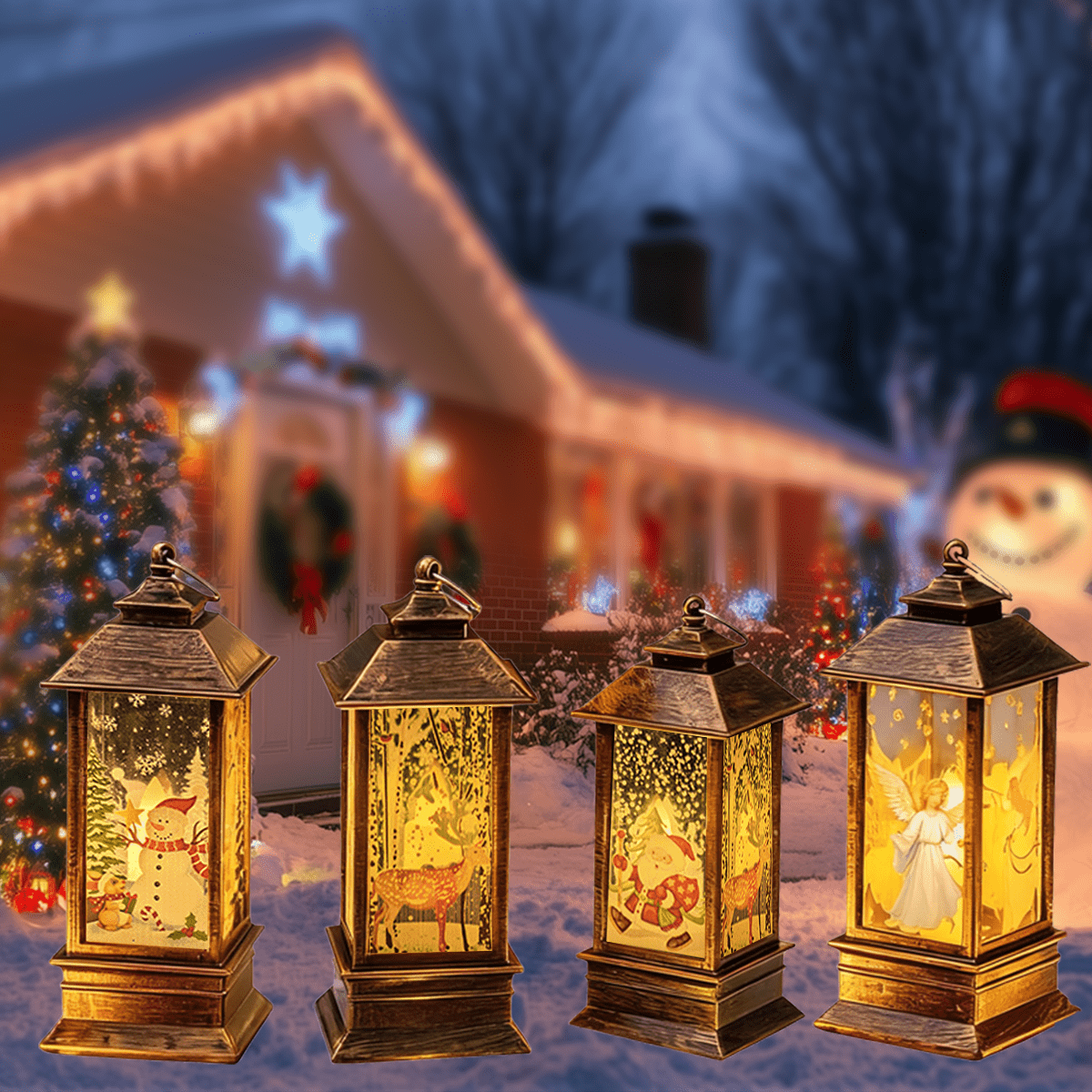 4pcs Set of Festive Christmas Mini Lanterns with Candle Effect Fairy Tale Creators-Santa Claus, Snowman, Reindeer, And Angel, Indoor Decoration, Dry Cell Battery Powered, The Perfect Choice for Festive Home Decoration And Christmas Decorations
