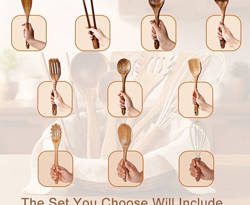 3/5/7Pcs Premium Wooden Kitchen Utensils Kit -Ergonomic Handles Natural Wooden Spoons Spurtle Ladle and Wok Spatulas Heavy-Duty Wooden Utility Set for Non-Stick Pans Heat Resistant Easy to Clean and Durable Kitchen Essentials Cookware Accessories