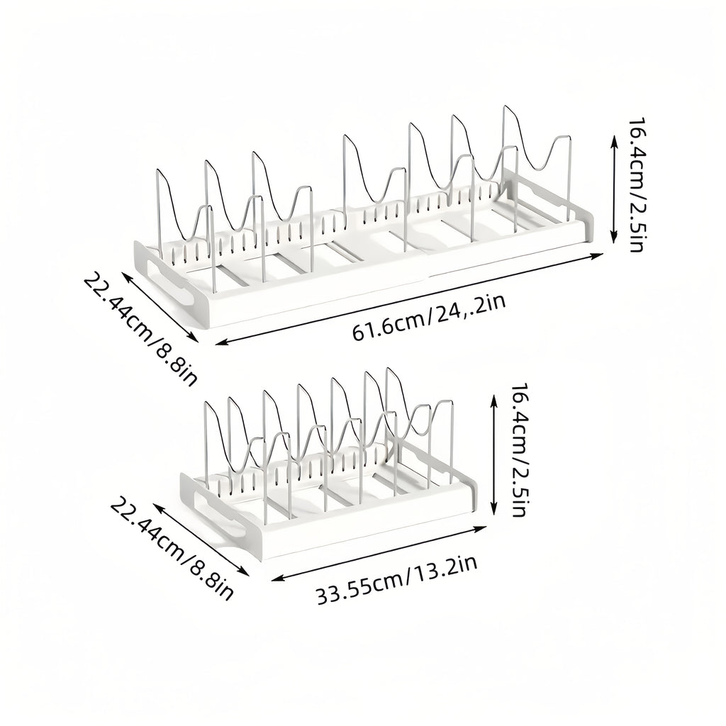 Pots And Pans Organizer, Adjustable Bakeware Organizer Pot Lid Holder Rack, Expandable Kitchen Organizer Rack Holder With Dividers - Under Cabinet Storage For Pots, Pans, Lids, Bakeware (White)