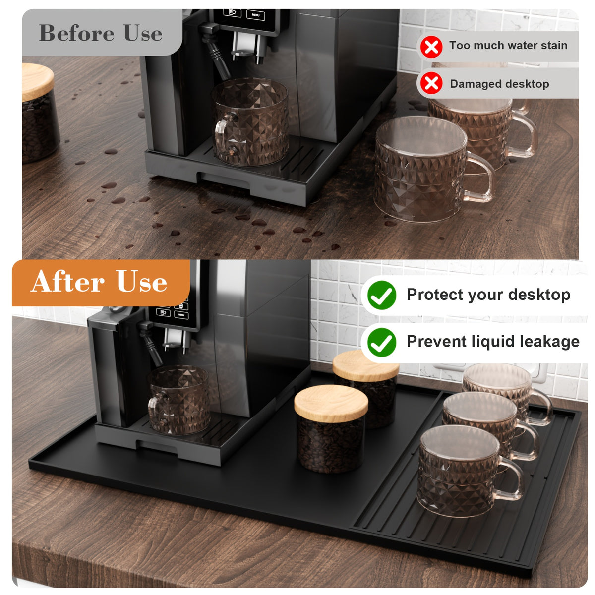 2-in-1 Silicone Coffee Mat with Raised Edges, Countertop Coffee Bar Mat, Suitable as a Coffee Bar Accessory for Under Coffee Machines and Espresso Machines, Dish Drying Mat, Black, 23.6'' X 15.7''