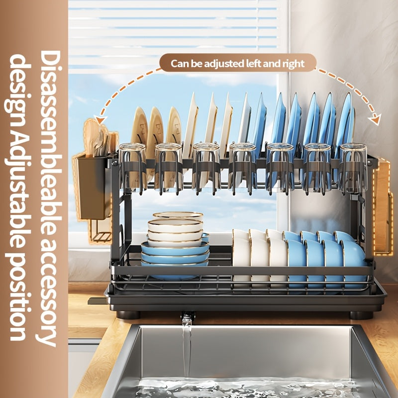 Two-tier Metal Kitchen Countertop Dish Rack Is Space-saving And Durable. It Comes with A Knife And Fork Holder, A Cup Rack, A Cutting Board Holder, And A Rust-proof Draining Tray. It Organizes Your Tableware And Helps Keep Your Kitchen Neat And Tidy.