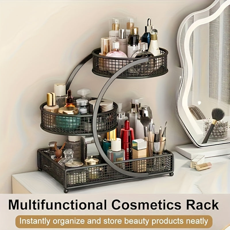 1pc Varnished Metal Cosmetic Organizer - No-Installation Lightweight Makeup Storage Rack, Spiral Design Vanity Countertop Shelf for Lipstick, Durable Metal with Varnished Finish, Space-Saving Bathroom Organizer(Send Makeup Brush Bucket)