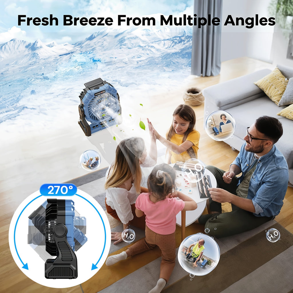 Rechargeable Misting Camping Fan, 20000mAh Portable Outdoor Fan with 4 Speeds, 200ml Water Tank, RGB Lighting and USB Output for Tent and Patio Use