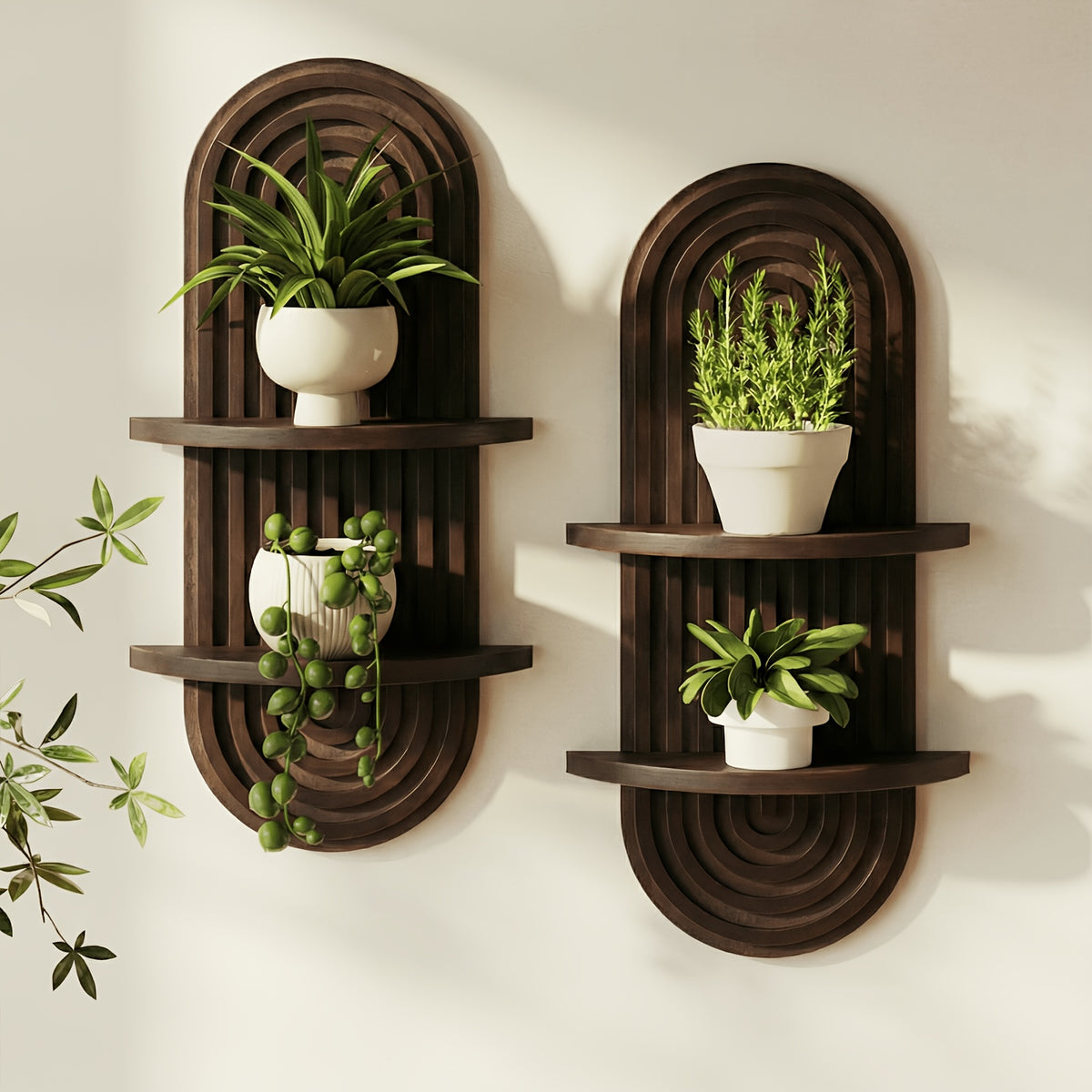 Plant Shelf Mid-Century Modern 1-2 Tier 15In Brown Wood Floating Shelves Wall Planter Holder & Boho Decor Hanging