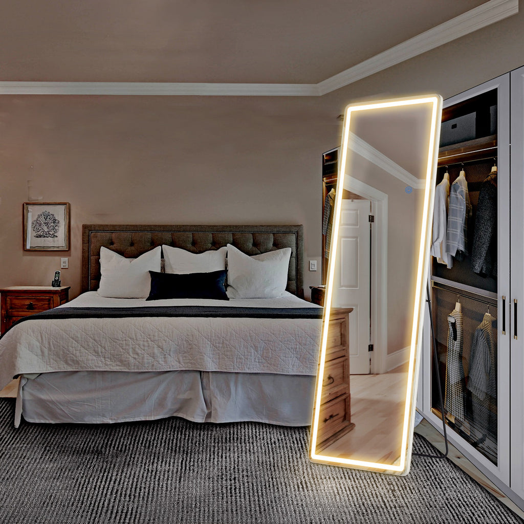 MCQ Arched/Rectangular LED Full Length Mirror, Full Body Floor Mirror Standing Hanging or Leaning Wall, Arch Wall Mirror with Stand Aluminum Alloy Thin Frame for Bedroom, Bathroom, Store