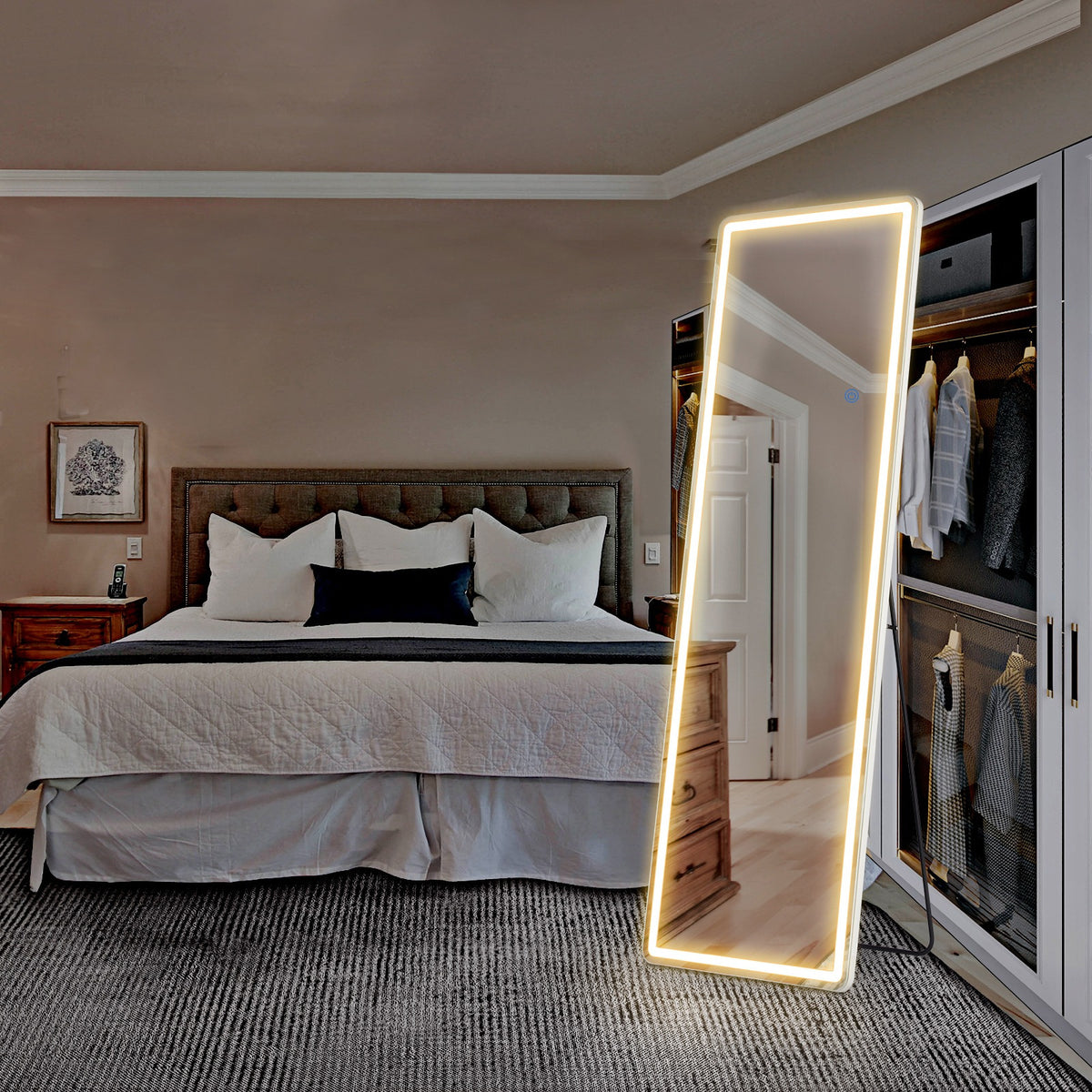 MCQ Arched/Rectangular LED Full Length Mirror, Full Body Floor Mirror Standing Hanging or Leaning Wall, Arch Wall Mirror with Stand Aluminum Alloy Thin Frame for Bedroom, Bathroom, Store
